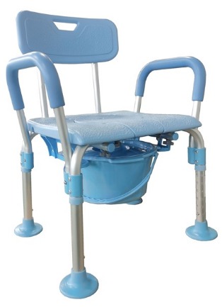 霧面陽極藍(lán)色方型座板無上層帶靠背板帶扶手大圓底腳墊帶圓形四耳便桶洗澡椅  型號：YM-F29-2