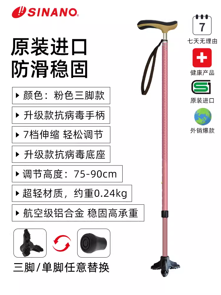 SINANO日本進口老人拐杖-桃粉色三腳款